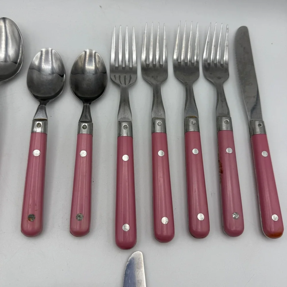 Interpur Flatware Set Mixed Pink Marmalade Goose Pattern Vintage Stainless Steel